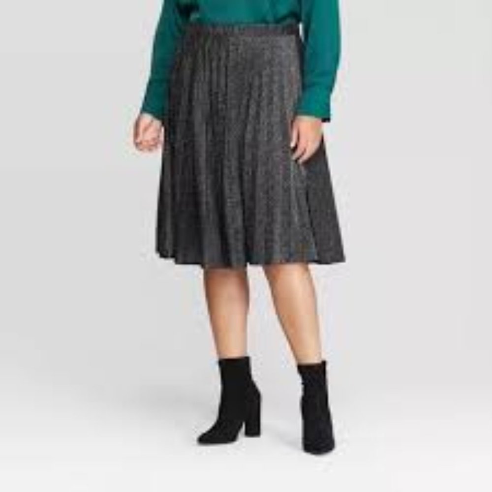 AVA & VIV Womens Plus Black Metallic Pleated Skirt